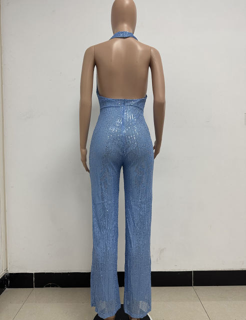 Sky Blue Deep V Neck Pile Collar Backless Sequined Jumpsuit