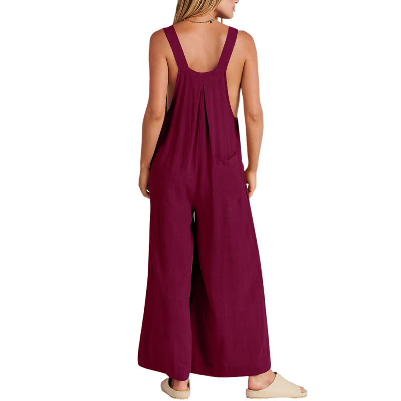 Wine Red Button Detail Wide Leg Pocket Overall