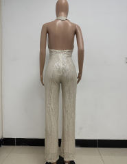 Apricot Deep V Neck Pile Collar Backless Sequined Jumpsuit