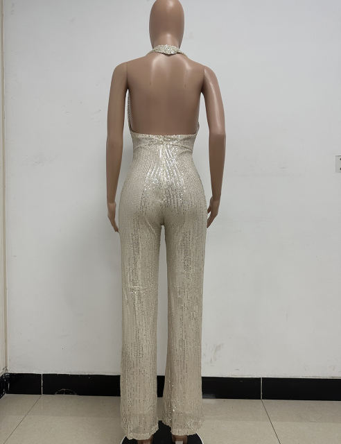 Apricot Deep V Neck Pile Collar Backless Sequined Jumpsuit