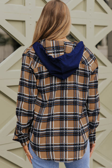 Mazarine Contrast Hooded Drawstring Plaid Shacket