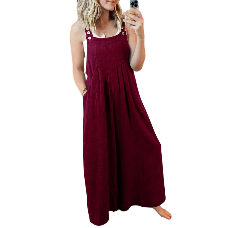Wine Red Button Detail Wide Leg Pocket Overall