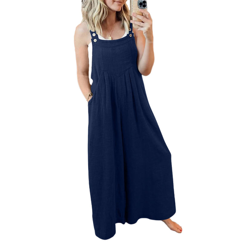 Dark Blue Button Detail Wide Leg Pocket Overall