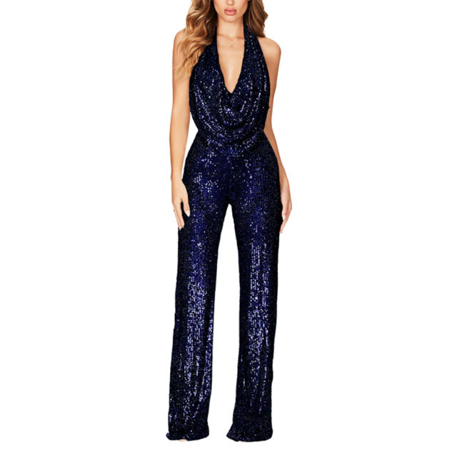 Navy Blue Deep V Neck Pile Collar Backless Sequined Jumpsuit