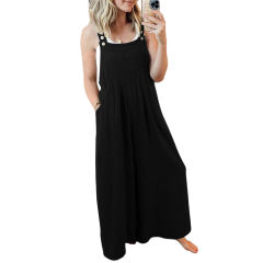 Black Button Detail Wide Leg Pocket Overall