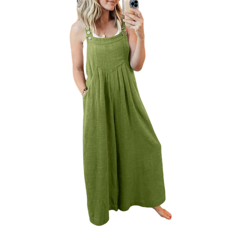 Grass Green Button Detail Wide Leg Pocket Overall