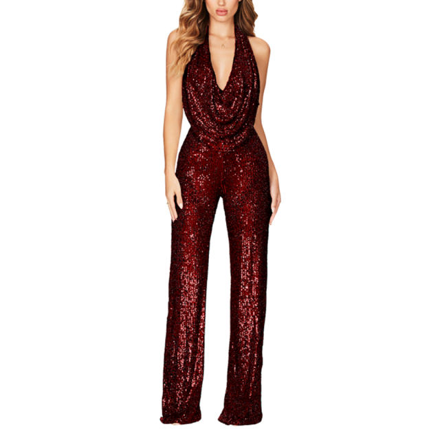 Wine Red Deep V Neck Pile Collar Backless Sequined Jumpsuit