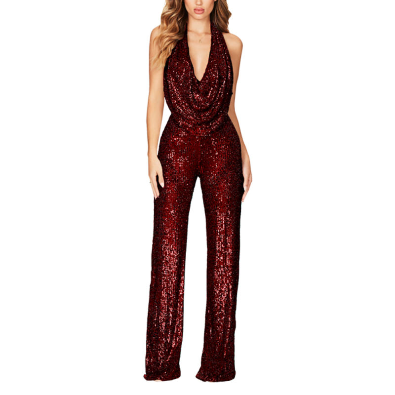 Wine Red Deep V Neck Pile Collar Backless Sequined Jumpsuit
