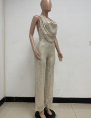 Apricot Deep V Neck Pile Collar Backless Sequined Jumpsuit