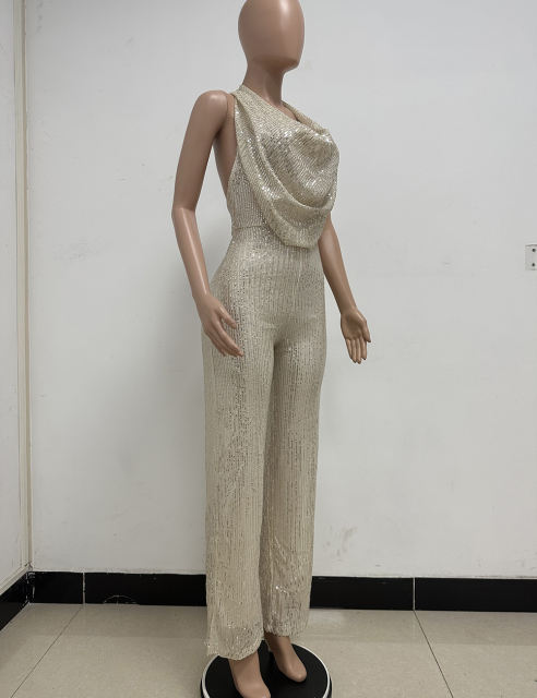 Apricot Deep V Neck Pile Collar Backless Sequined Jumpsuit