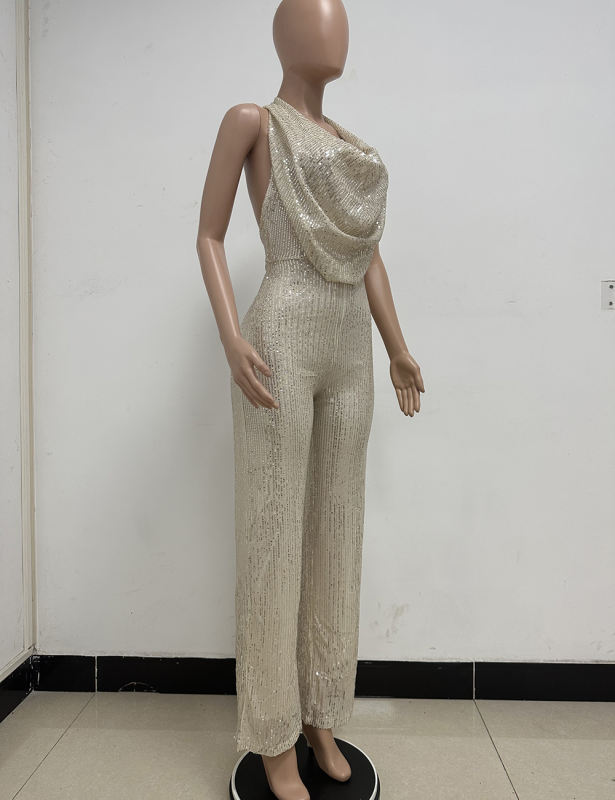Apricot Deep V Neck Pile Collar Backless Sequined Jumpsuit