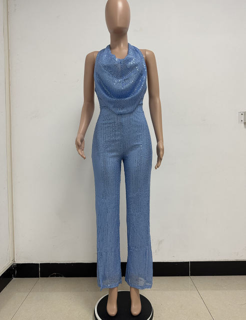Sky Blue Deep V Neck Pile Collar Backless Sequined Jumpsuit