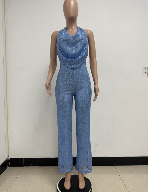 Sky Blue Deep V Neck Pile Collar Backless Sequined Jumpsuit