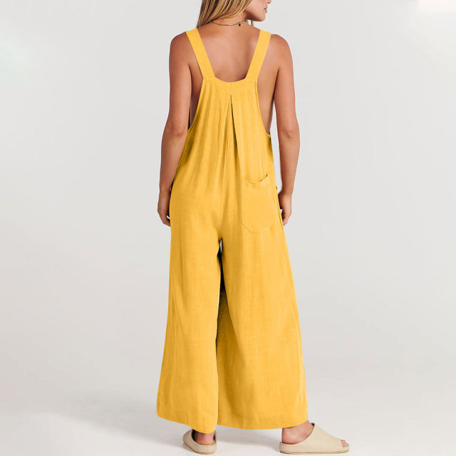 Yellow Button Detail Wide Leg Pocket Overall