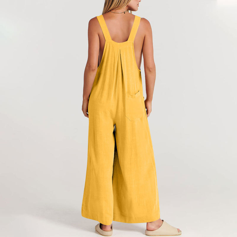Yellow Button Detail Wide Leg Pocket Overall