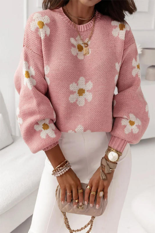 Pink Plus Size Drop Shoulder Flower Pattern Knit Sweater