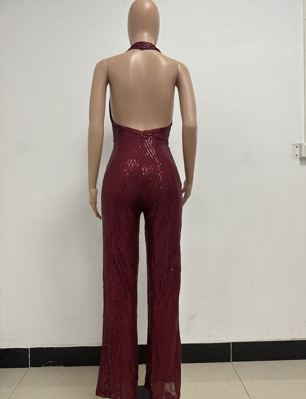 Wine Red Deep V Neck Pile Collar Backless Sequined Jumpsuit