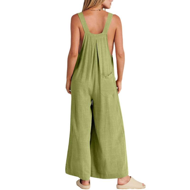 Grass Green Button Detail Wide Leg Pocket Overall