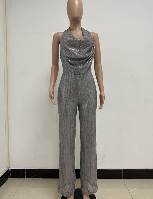 Grey Deep V Neck Pile Collar Backless Sequined Jumpsuit TQK550310-11