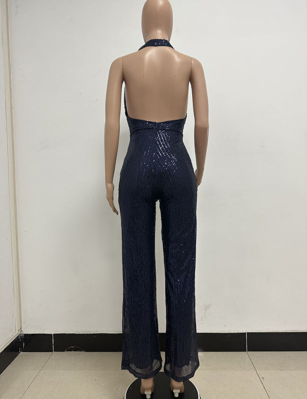 Navy Blue Deep V Neck Pile Collar Backless Sequined Jumpsuit