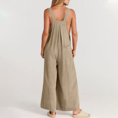 Khaki Button Detail Wide Leg Pocket Overall