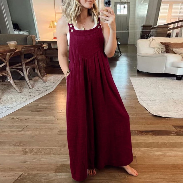 Wine Red Button Detail Wide Leg Pocket Overall