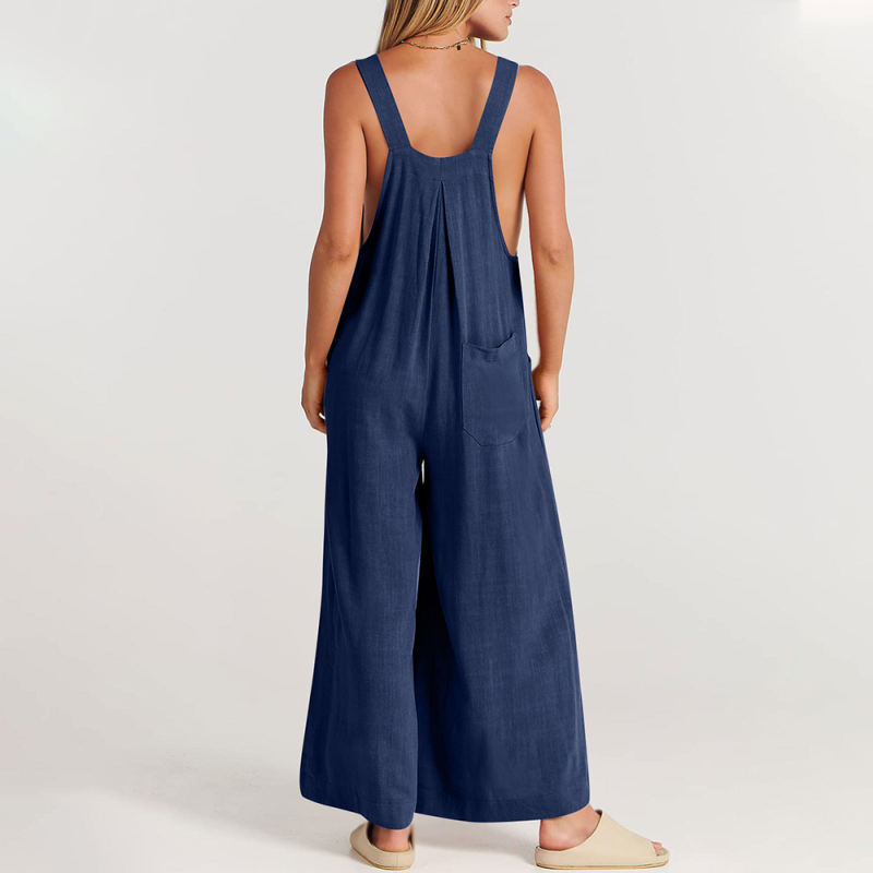Dark Blue Button Detail Wide Leg Pocket Overall