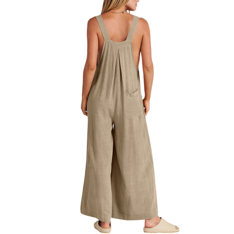 Khaki Button Detail Wide Leg Pocket Overall
