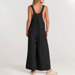 Black Button Detail Wide Leg Pocket Overall