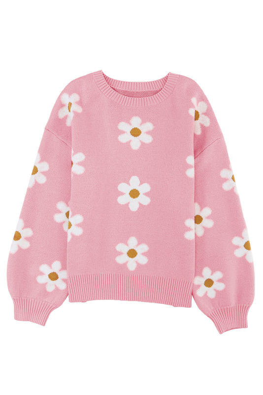 Pink Floral Pattern Drop Shoulder Sweater