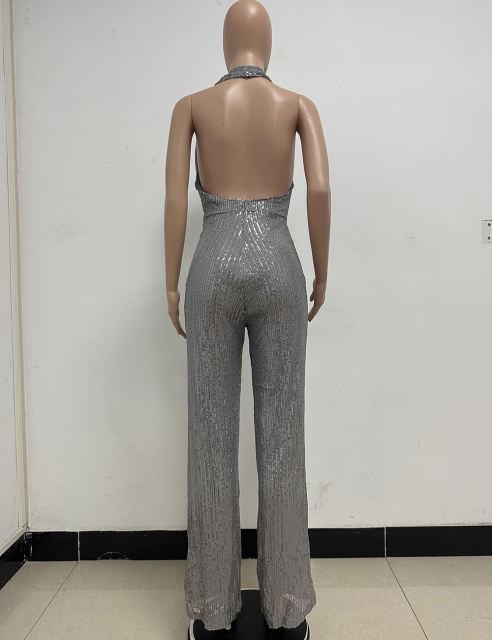 Grey Deep V Neck Pile Collar Backless Sequined Jumpsuit TQK550310-11