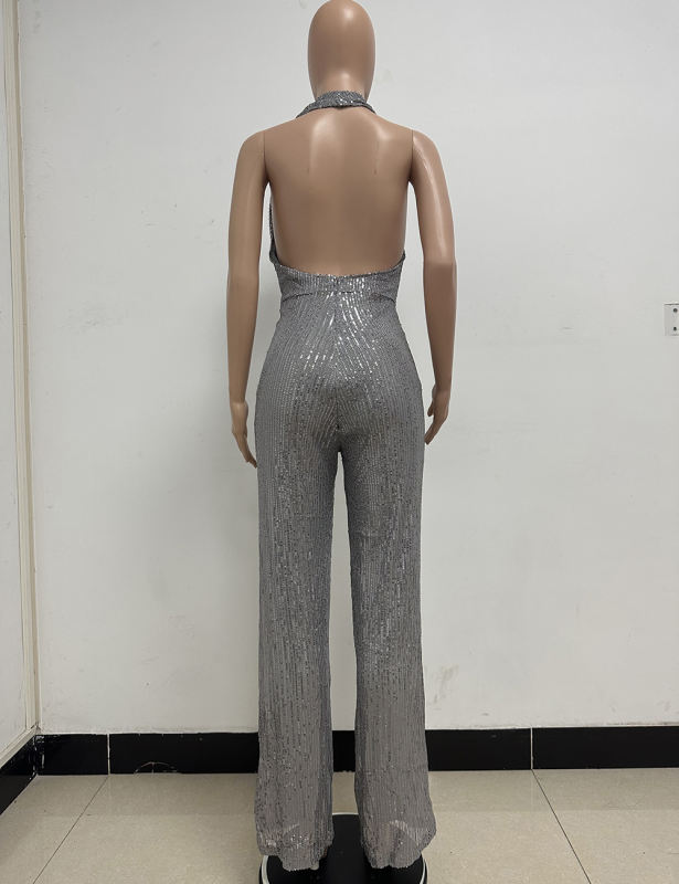 Grey Deep V Neck Pile Collar Backless Sequined Jumpsuit TQK550310-11