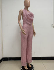 Pink Deep V Neck Pile Collar Backless Sequined Jumpsuit