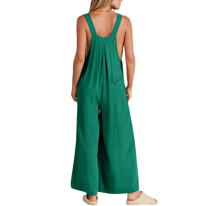 Dark Green Button Detail Wide Leg Pocket Overall
