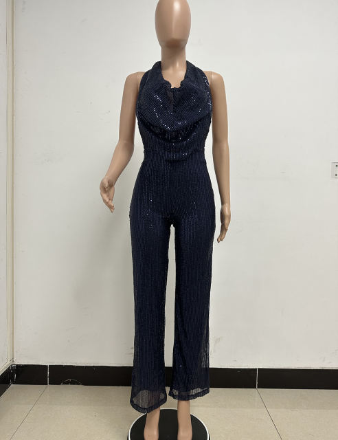 Navy Blue Deep V Neck Pile Collar Backless Sequined Jumpsuit