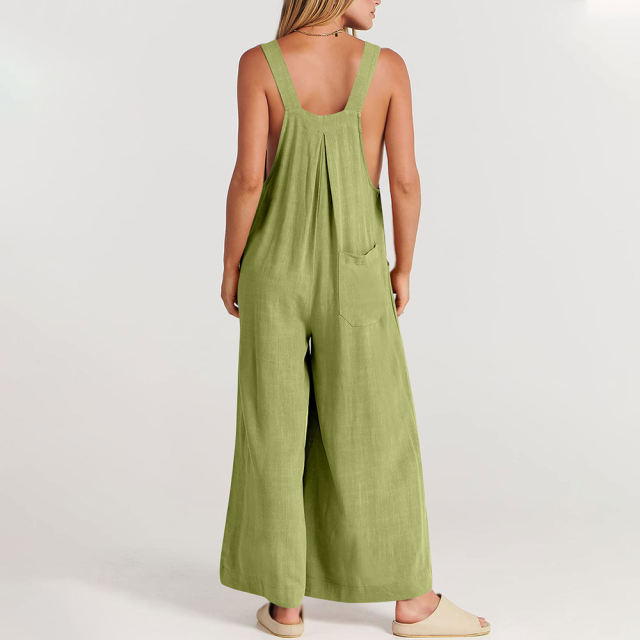 Grass Green Button Detail Wide Leg Pocket Overall