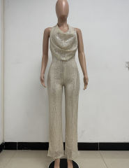 Apricot Deep V Neck Pile Collar Backless Sequined Jumpsuit