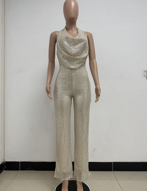 Apricot Deep V Neck Pile Collar Backless Sequined Jumpsuit