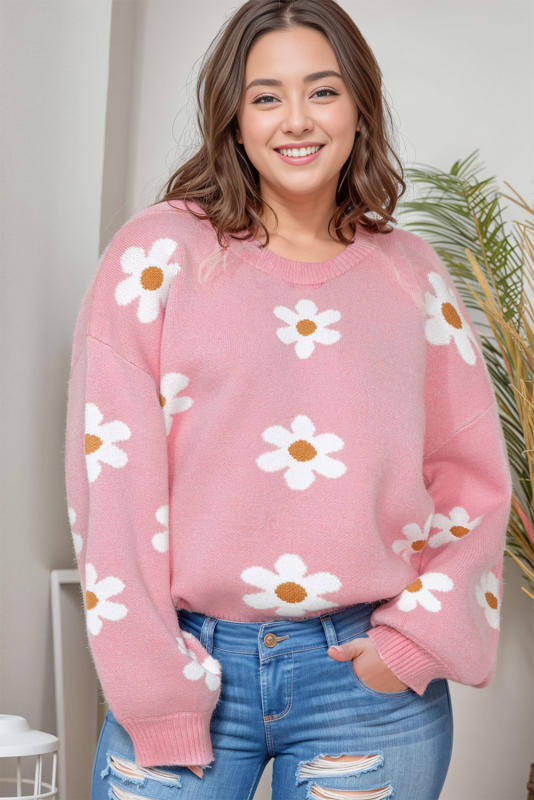 Pink Plus Size Drop Shoulder Flower Pattern Knit Sweater