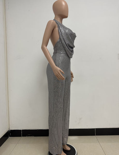 Grey Deep V Neck Pile Collar Backless Sequined Jumpsuit TQK550310-11