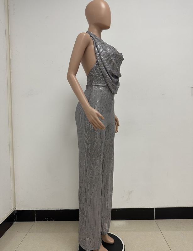 Grey Deep V Neck Pile Collar Backless Sequined Jumpsuit TQK550310-11