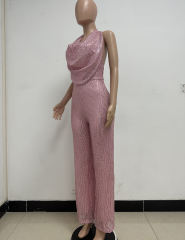 Pink Deep V Neck Pile Collar Backless Sequined Jumpsuit