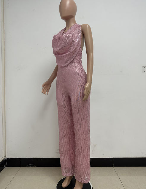 Pink Deep V Neck Pile Collar Backless Sequined Jumpsuit