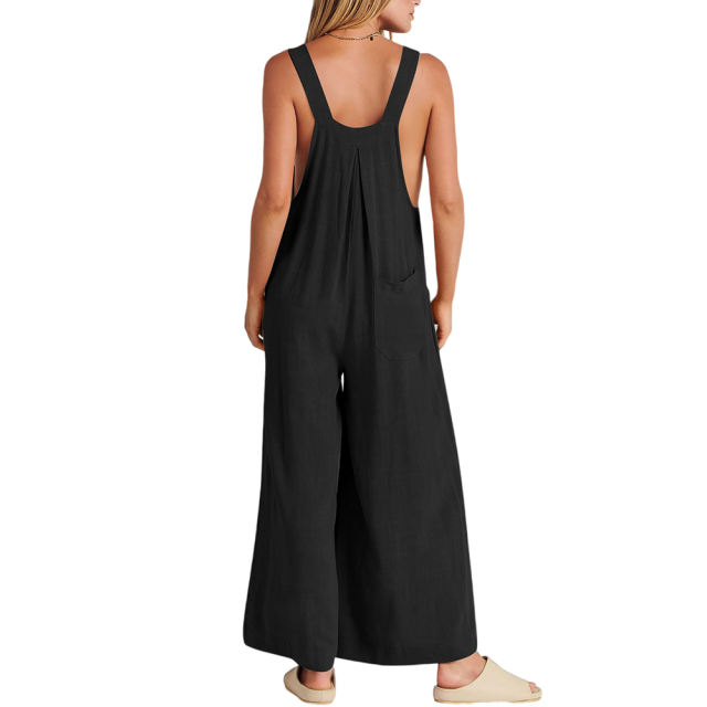 Black Button Detail Wide Leg Pocket Overall