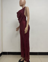 Wine Red Deep V Neck Pile Collar Backless Sequined Jumpsuit