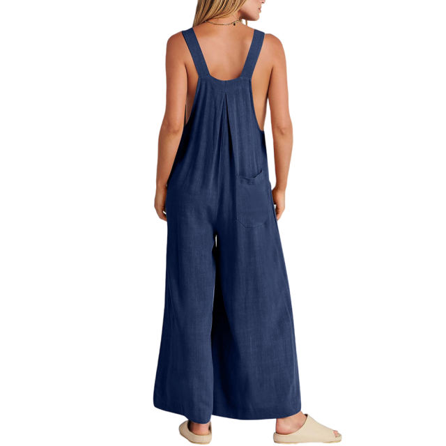 Dark Blue Button Detail Wide Leg Pocket Overall