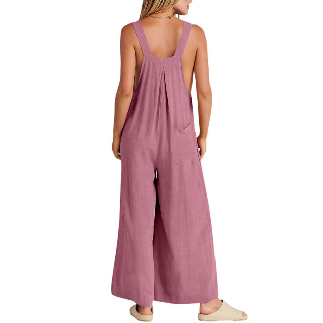 Peach Button Detail Wide Leg Pocket Overall