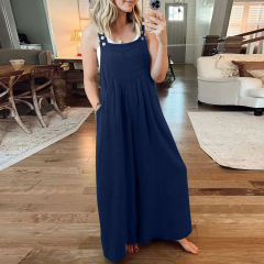 Dark Blue Button Detail Wide Leg Pocket Overall