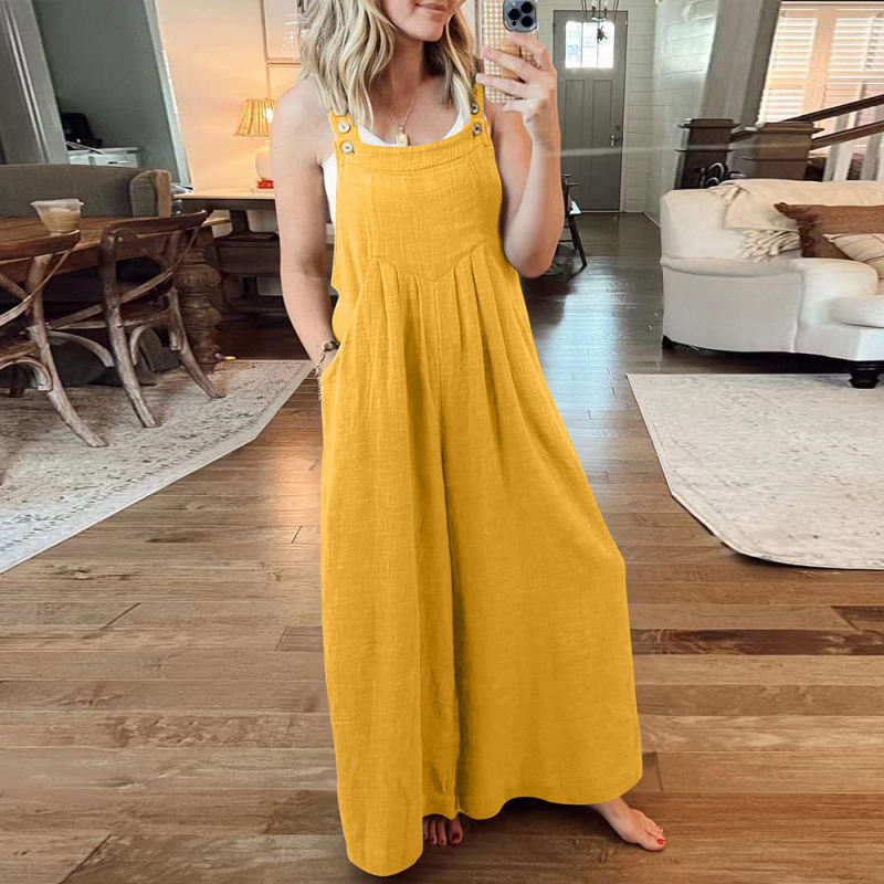 Yellow Button Detail Wide Leg Pocket Overall