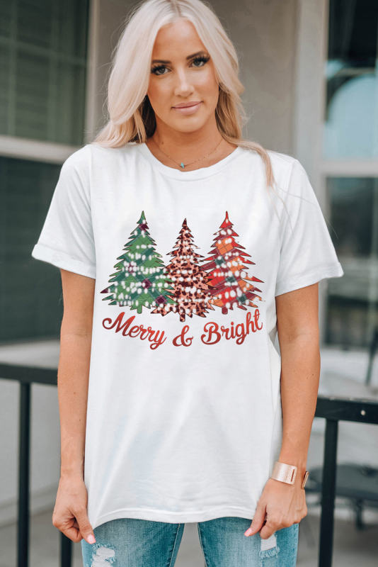 White Merry and Bright Christmas Tree Print Crew Neck T Shirt